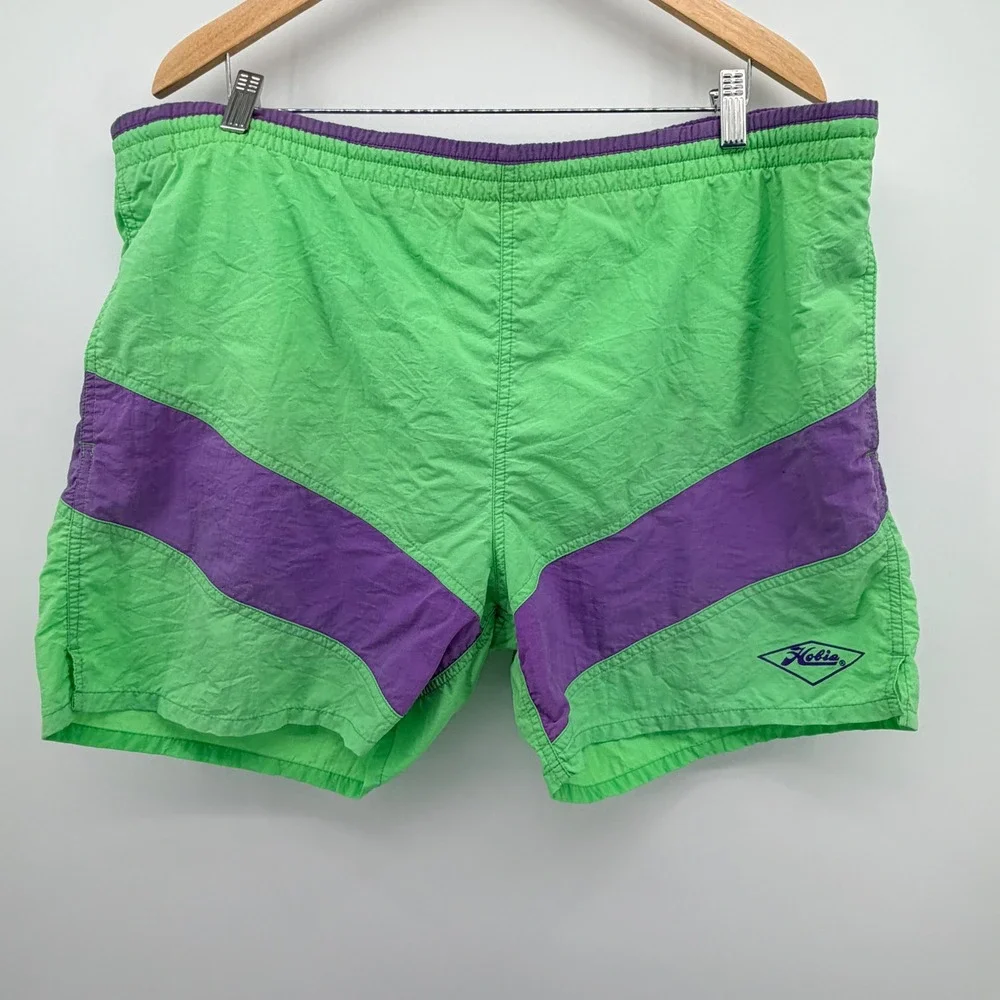 Hobie Swim Trunks Vintage L Green Purple Nylon Colorblock Mesh Lined Mens
